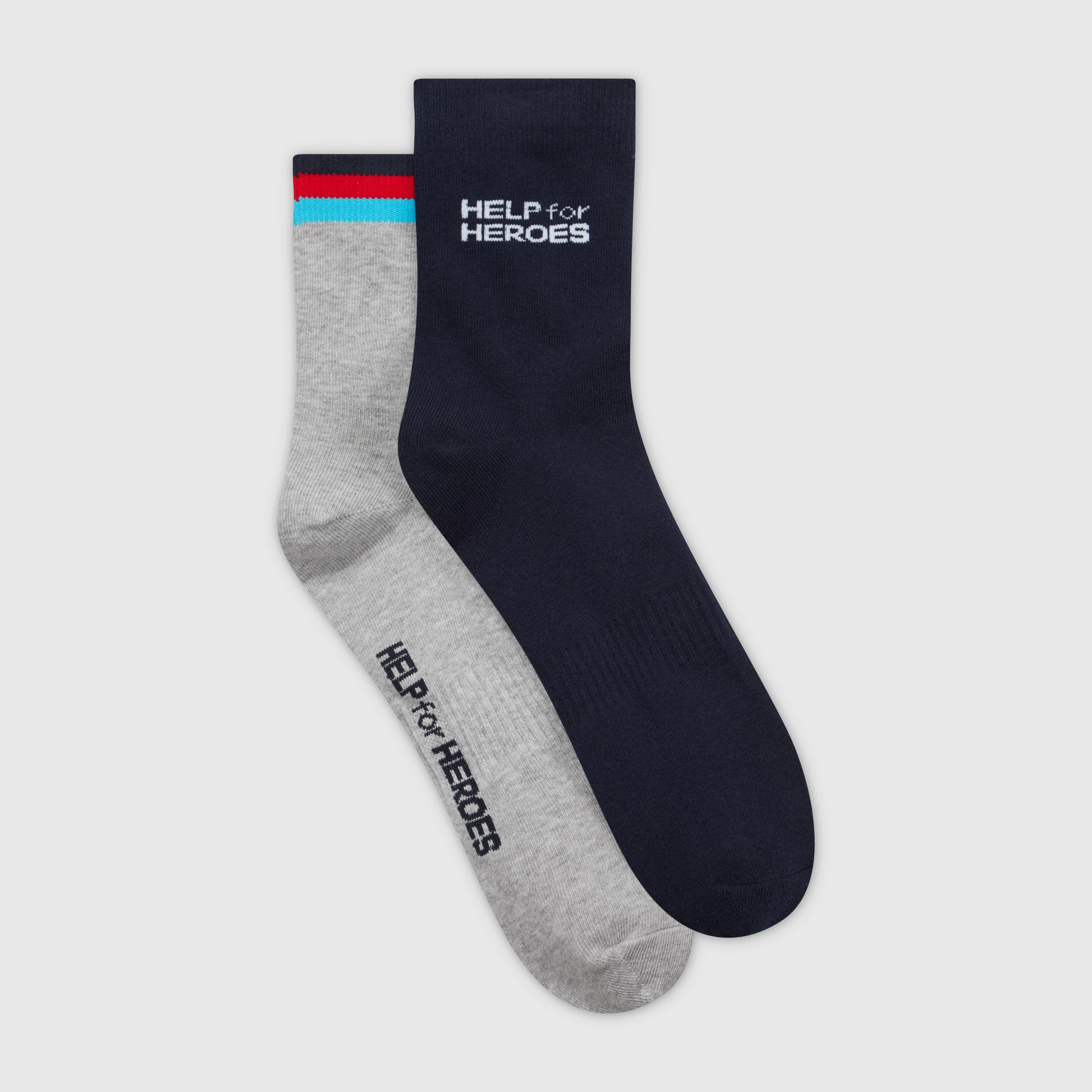Two pairs of socks with 'HELP for HEROES' logo, one in navy color and the other in grey with tri colour trim