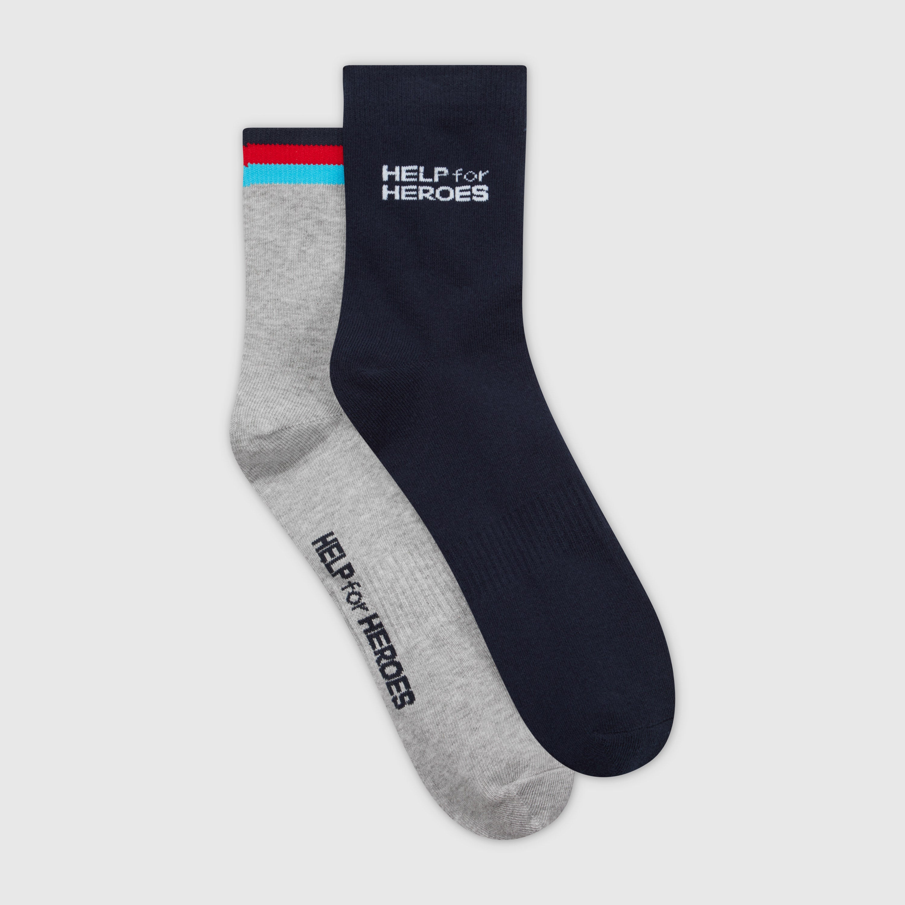 Two pairs of socks with 'HELP for HEROES' logo, one in navy color and the other in grey with tri colour trim