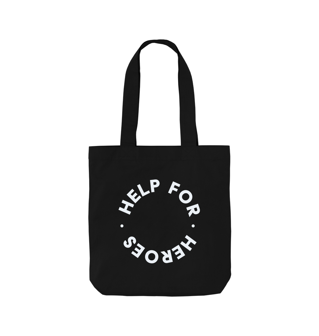 Black tote bag with printed Help for Heroes logo