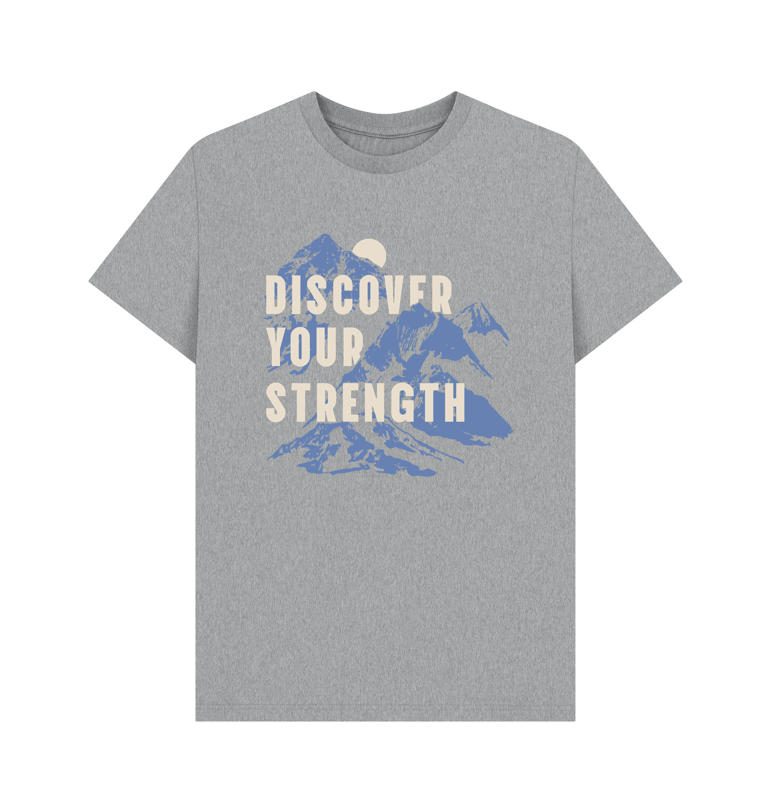 Front image of grey Help for Heroes tshirt featuring discover your strength slogan and mountain print design