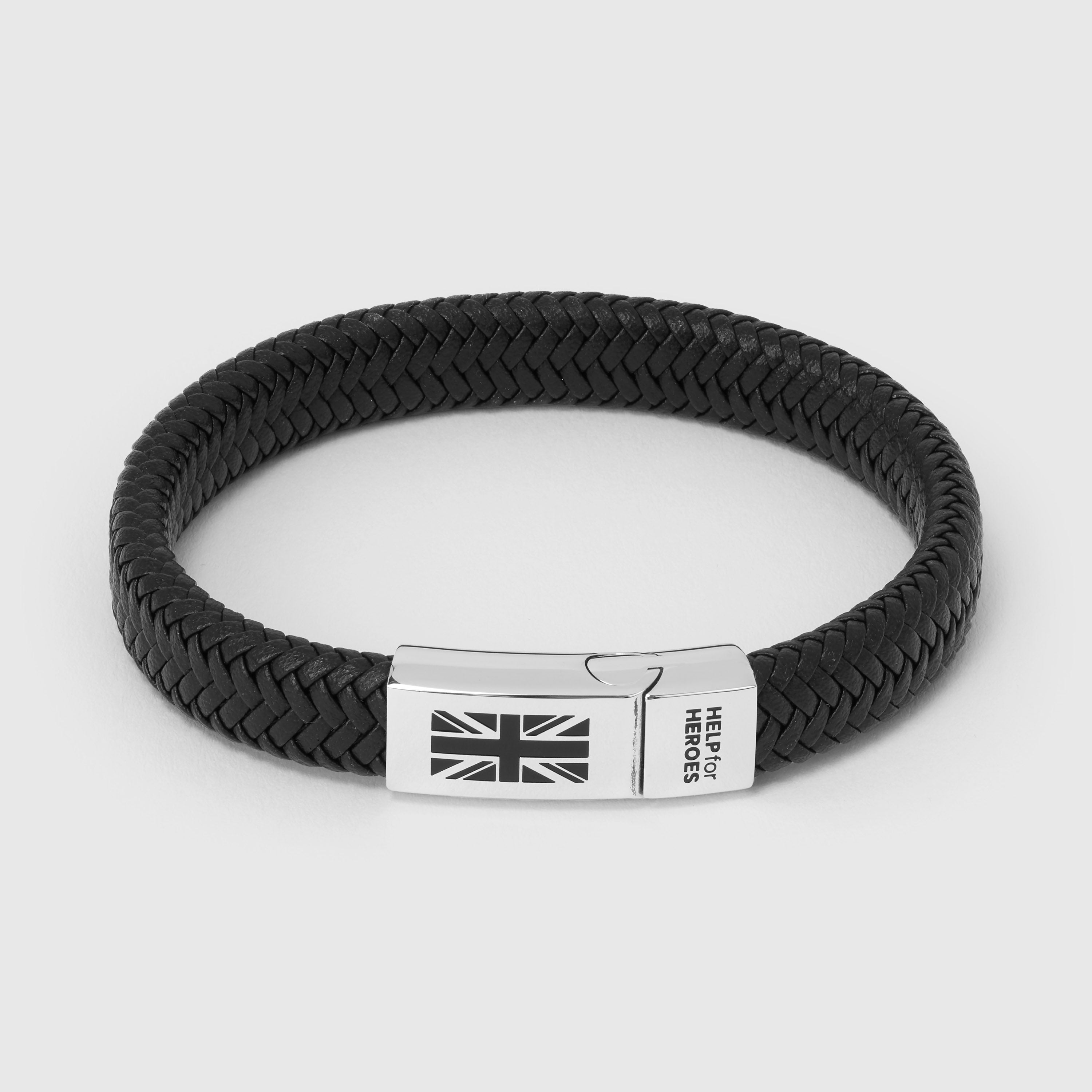 Image of black leather chunky bracelet with a clasp featuring the Union Jack flag and the 'Help for Heroes' logo.