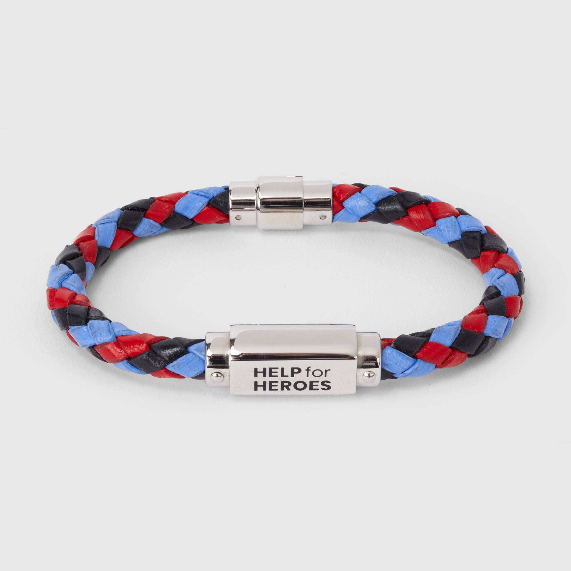Tri colour leather ID bar bracelet, with a metal clasp featuring the Help for Heroes logo