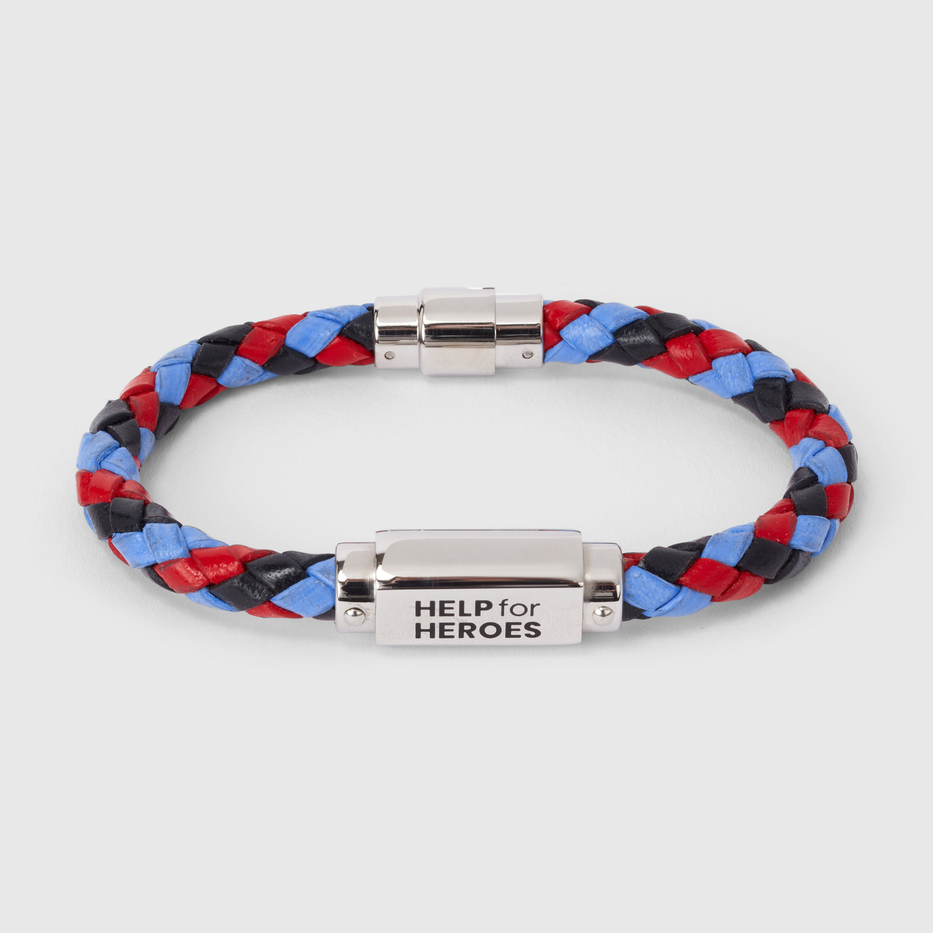 Tri colour leather ID bar bracelet, with a metal clasp featuring the Help for Heroes logo