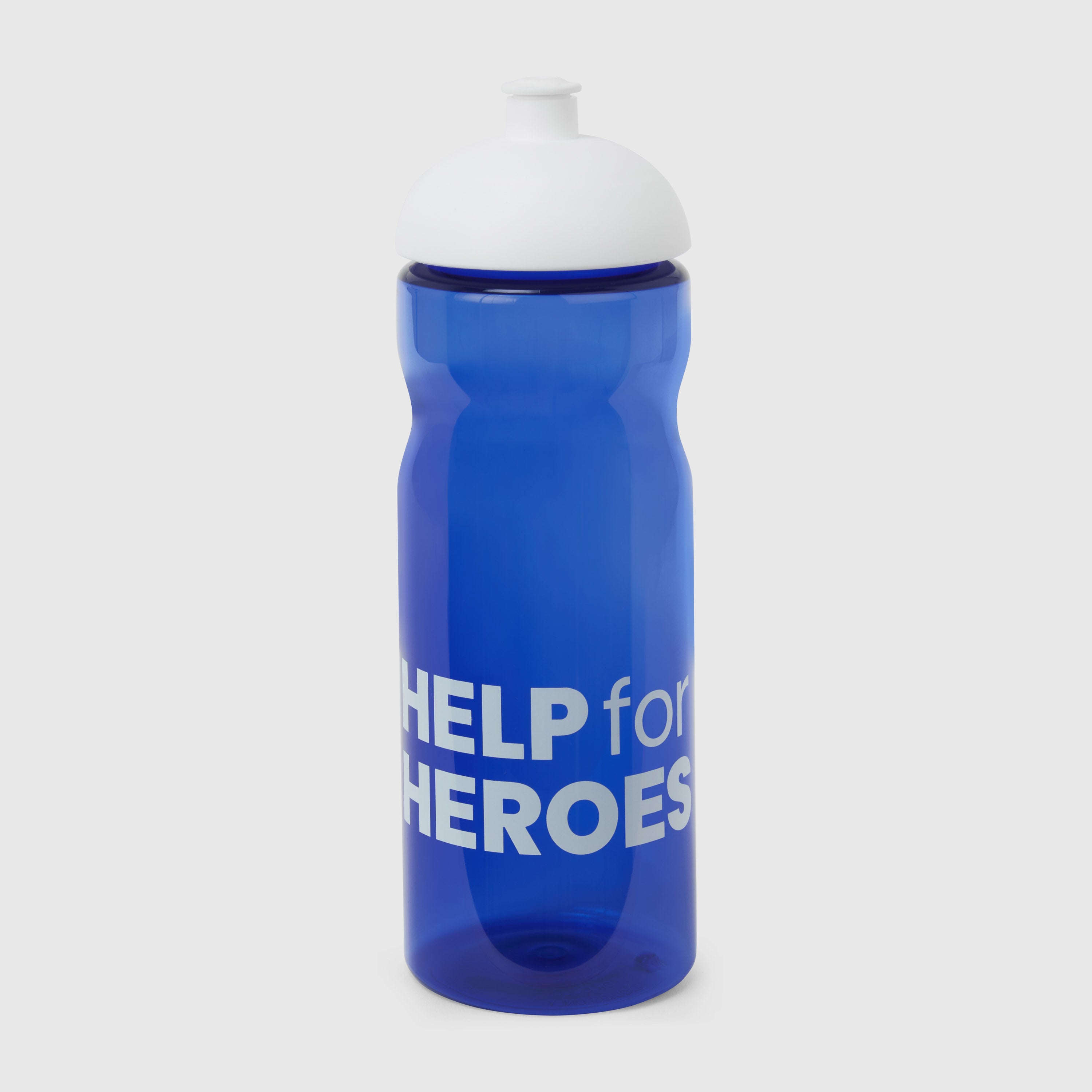 A navy blue reusable water bottle with a white lid and the 'Help for Heroes' logo printed on the front.