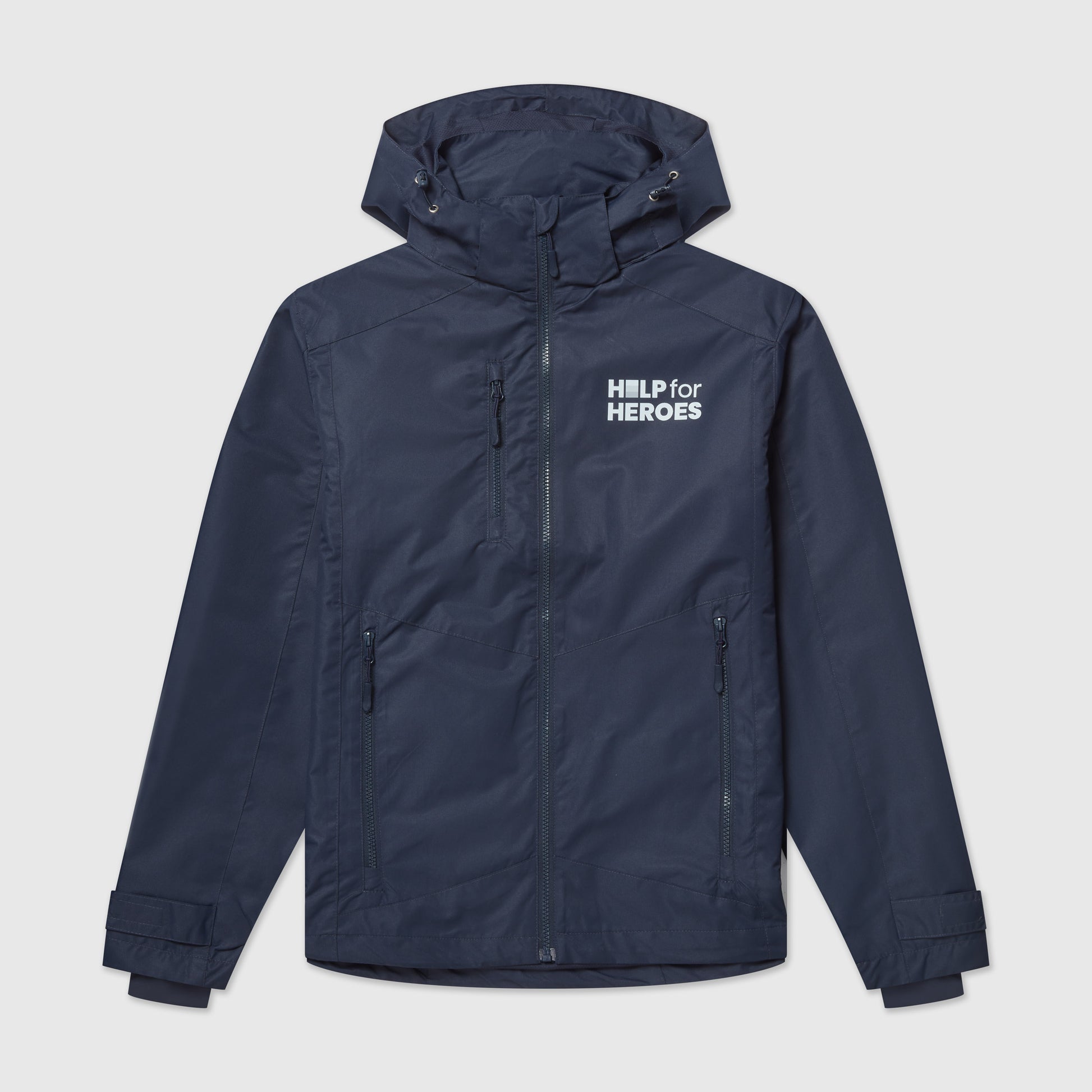 Front image of navy waterproof jacket with Help for Heroes logo on the chest