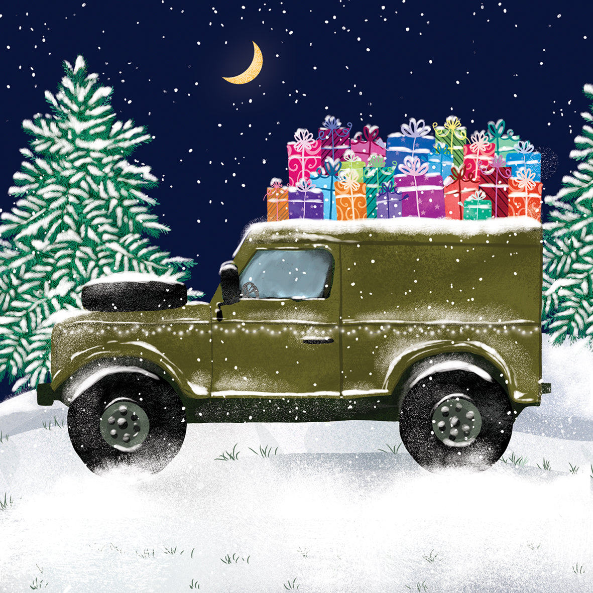 Help for Heroes Christmas card featuring a festive Land Rover piled high with Xmas presents