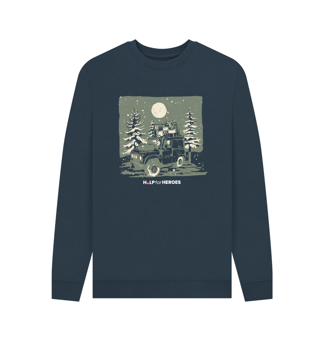 Front images of Help for Heroes Christmas sweatshirt, with an image of a Land Rover carrying Xmas presents through a snowy tree scene