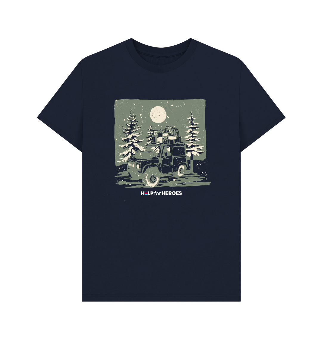 Front image of a navy Help for Heroes tshirt, featuring a Land Rover carrying Xmas presents through Christmas trees and a snowy scene