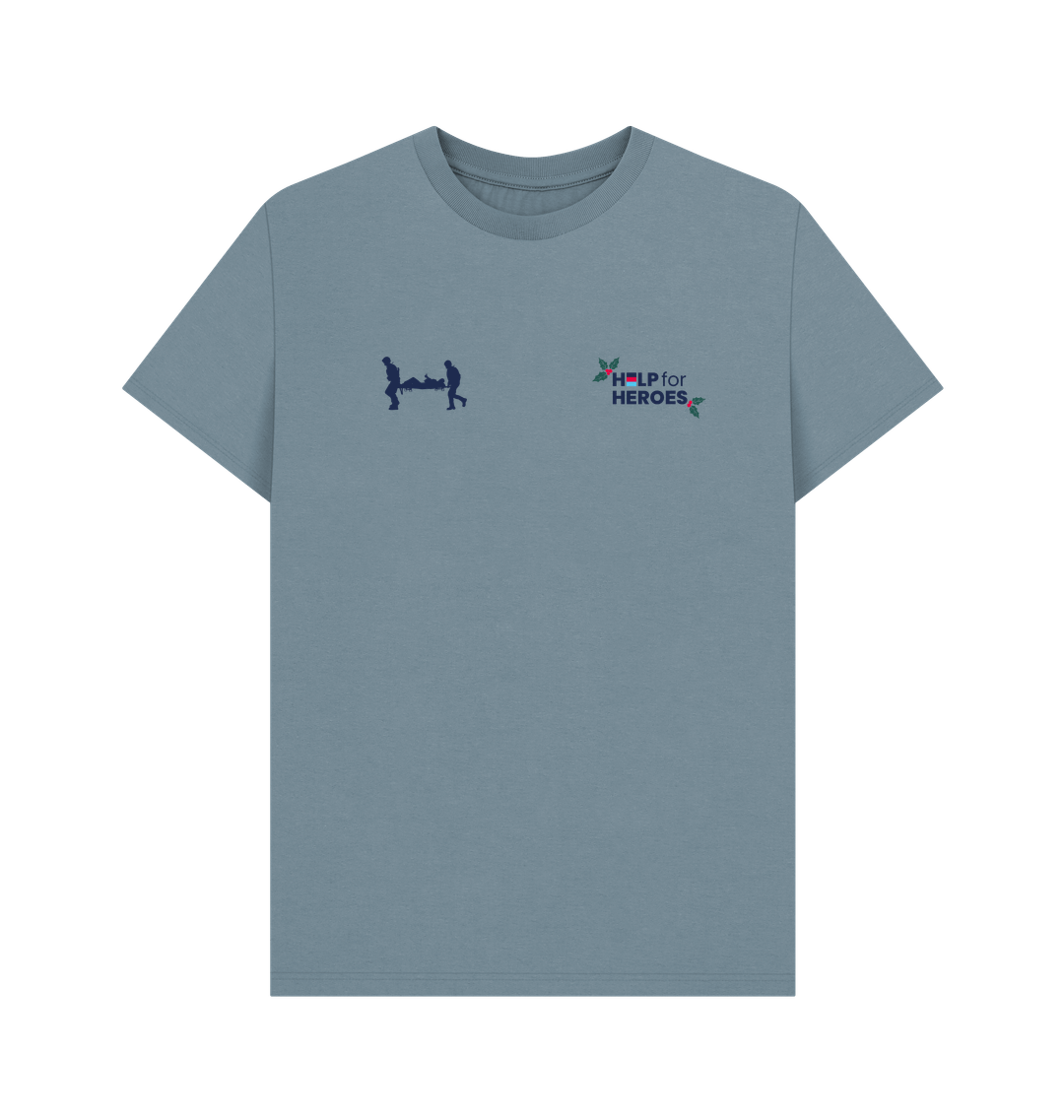 Stone Blue Printed T-shirt Front, featuring a Christmas Help for Heroes logo with holly and the classic Stretcher Bearer image