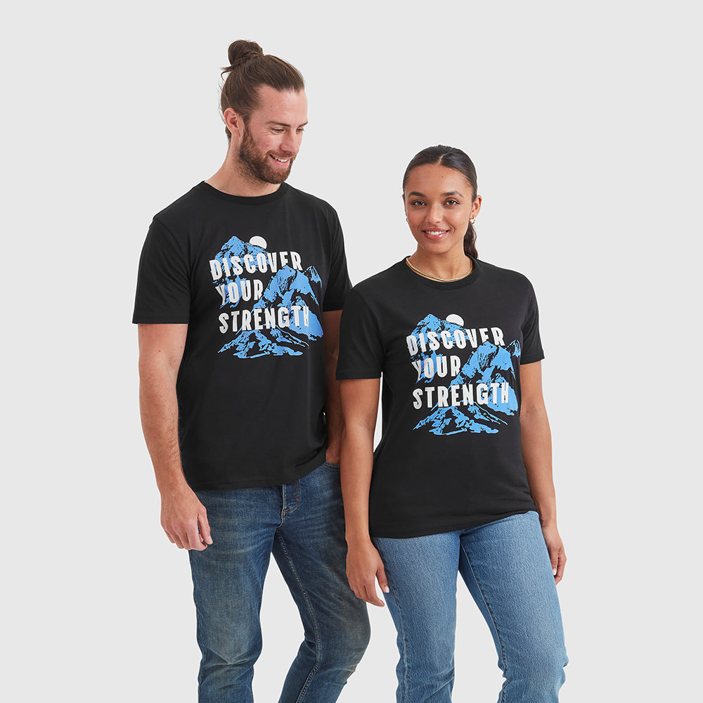 Two models wearing black Help for Heroes tshirts featuring discover your strength slogan and mountain print design