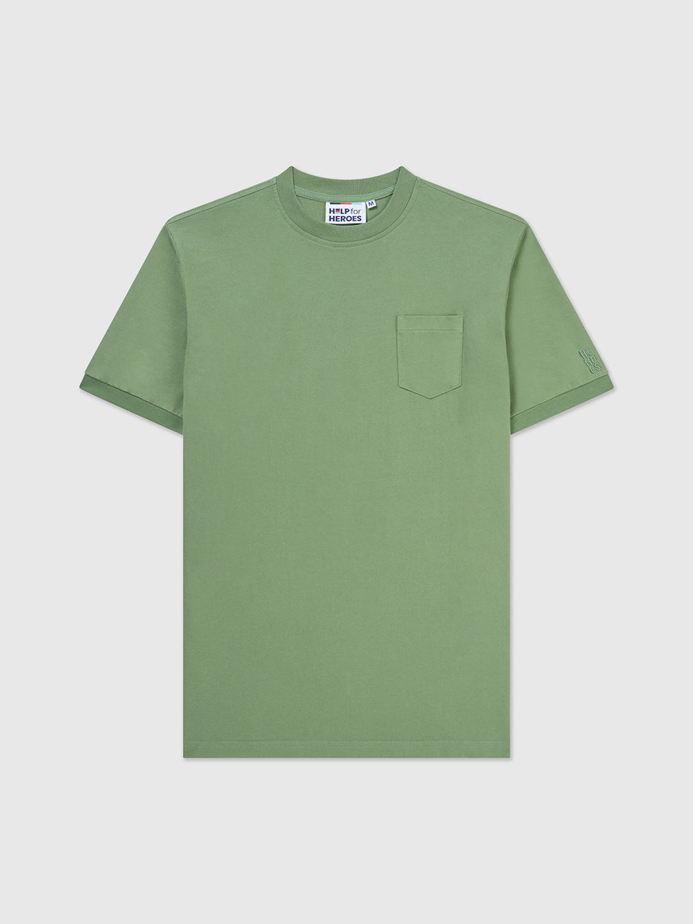 Front image of washed green t-shirt with a chest pocket and a subtle Help for Heroes embroidered logo on the sleeve