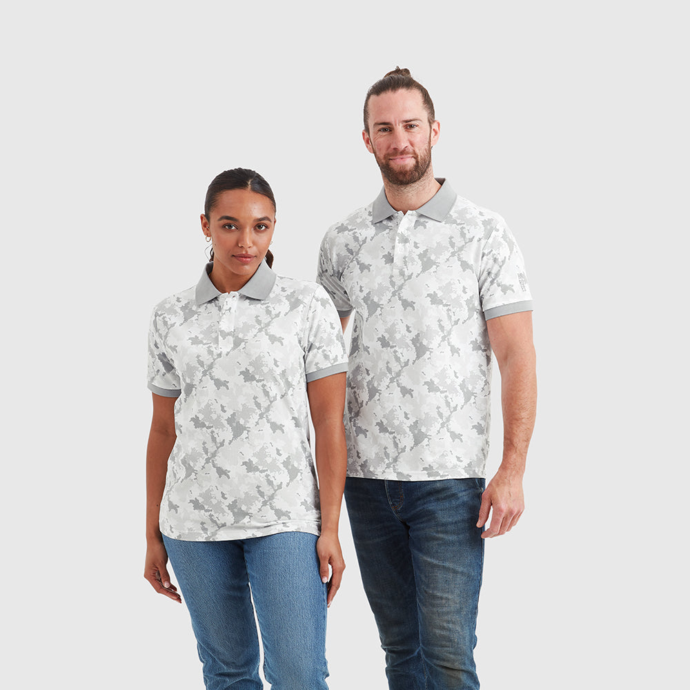 Two models wearing jersey grey camo polo shirts, featuring branded buttons and embroidered Help for Heroes logo on the sleeve