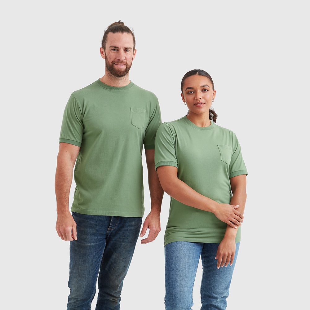 Two models wearing washed green t-shirts with a chest pocket and a subtle Help for Heroes embroidered logo on the sleeve