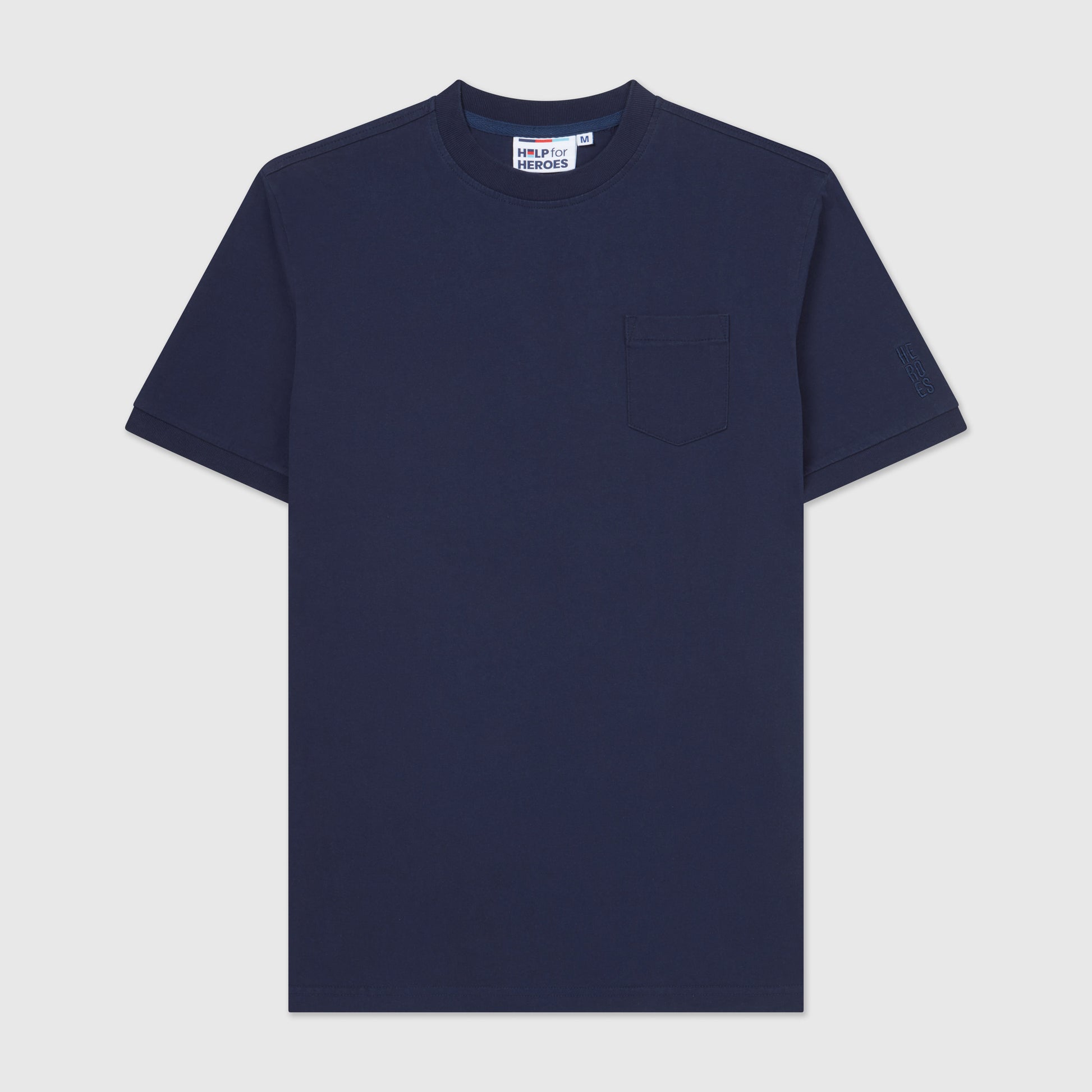 Front image of washed navy blue t-shirt with a chest pocket and a subtle Help for Heroes embroidered logo on the sleeve