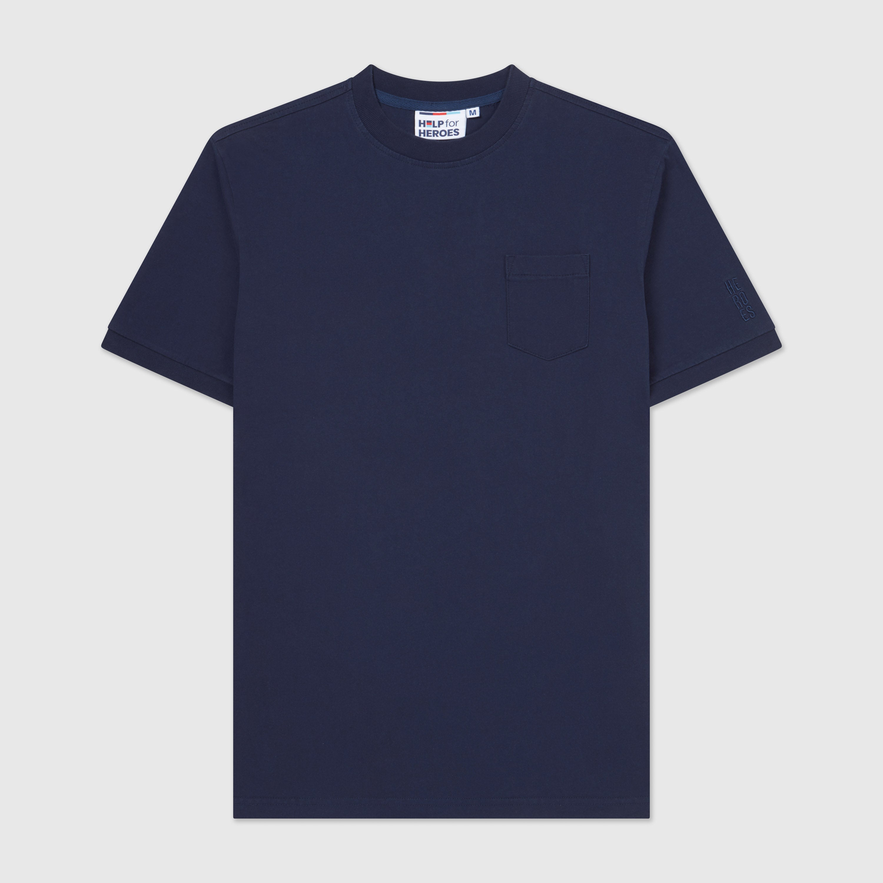 Front image of washed navy blue t-shirt with a chest pocket and a subtle Help for Heroes embroidered logo on the sleeve