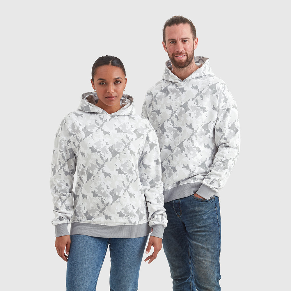 Two models wearing relaxed fit pullover camouflage hoodie. Featuring a subtle embroidered Help for Heroes logo on the sleeve and grey camo pattern