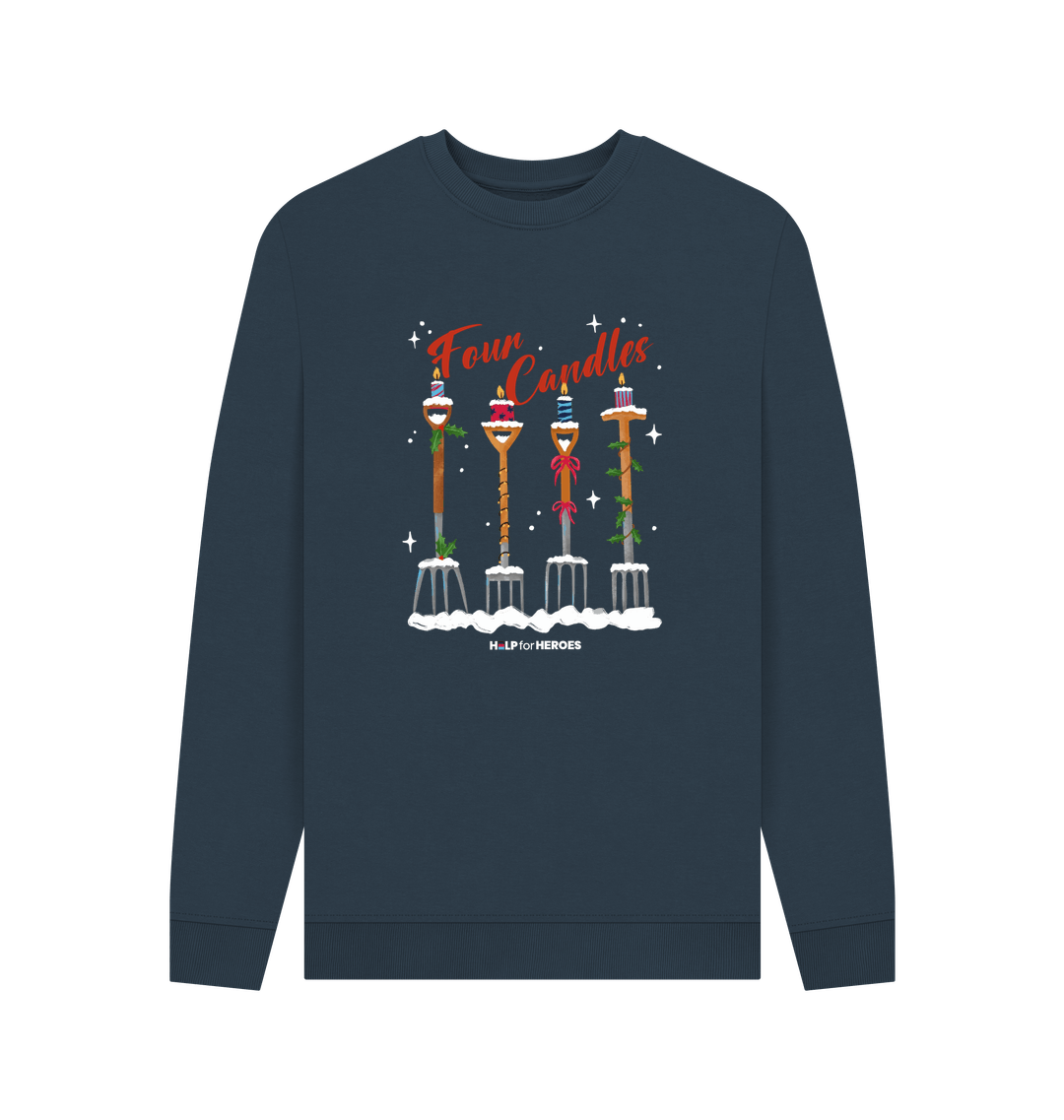 Front image navy Help for Heroes sweatshirt, featuring the Four Candles snowy design