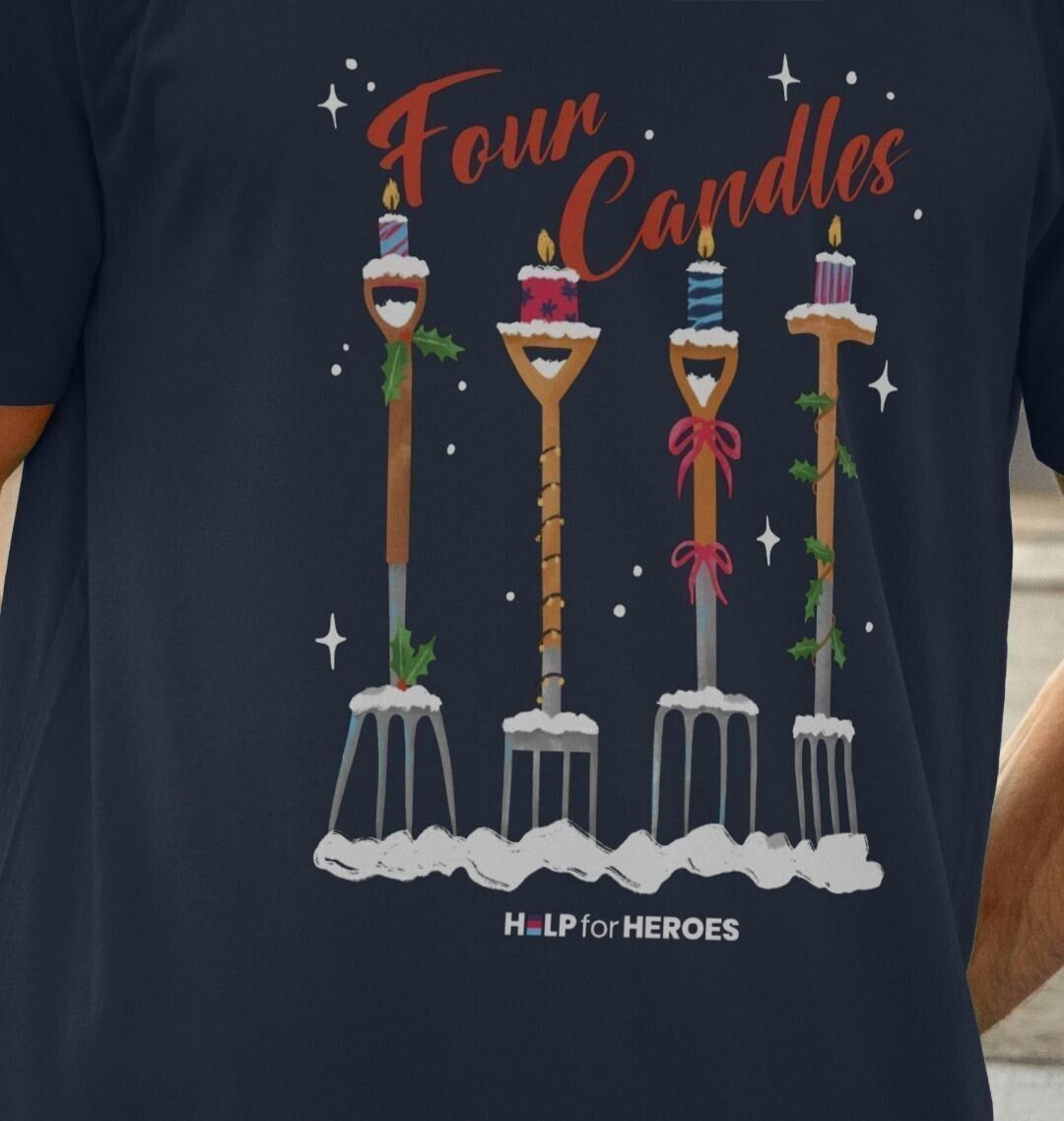 Close up image of navy Help for Heroes Christmas tshirt, featuring the Four Candles graphic print