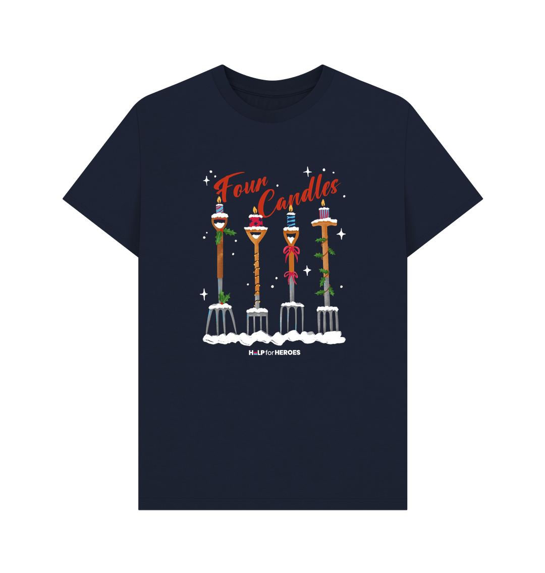 Front image of navy Help for Heroes Christmas tshirt, featuring the Four Candles graphic print
