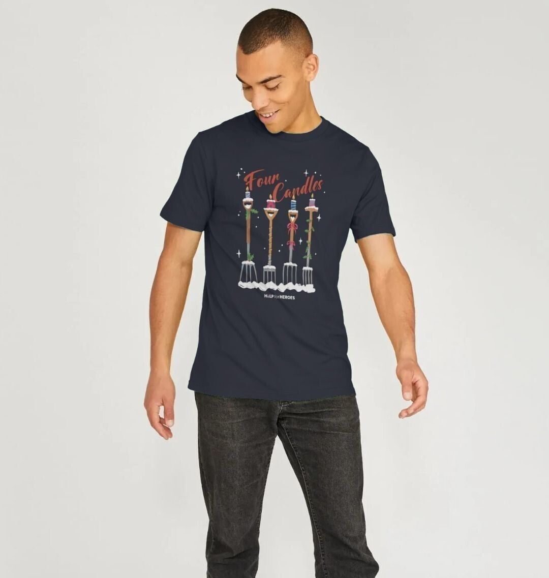 Male model wearing navy Help for Heroes Christmas tshirt, featuring the Four Candles graphic print