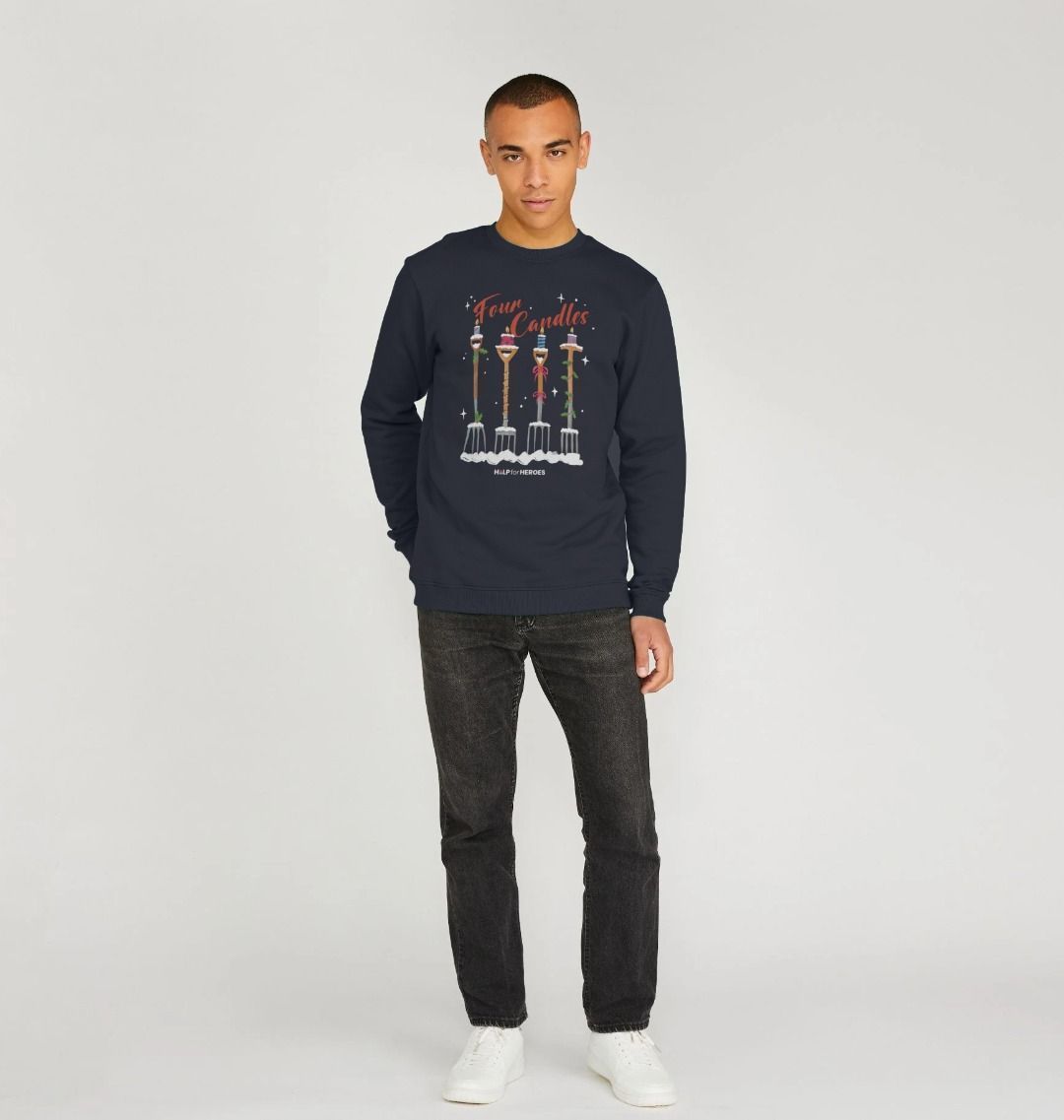 Model wearing the navy Help for Heroes sweatshirt, featuring the Four Candles snowy design