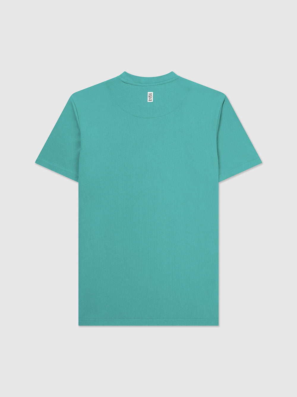 Back image of turquoise crew neck t-shirt with a subtle circular Help for Heroes logo on the chest and a rubber Heroes stack patch at the back neck.
