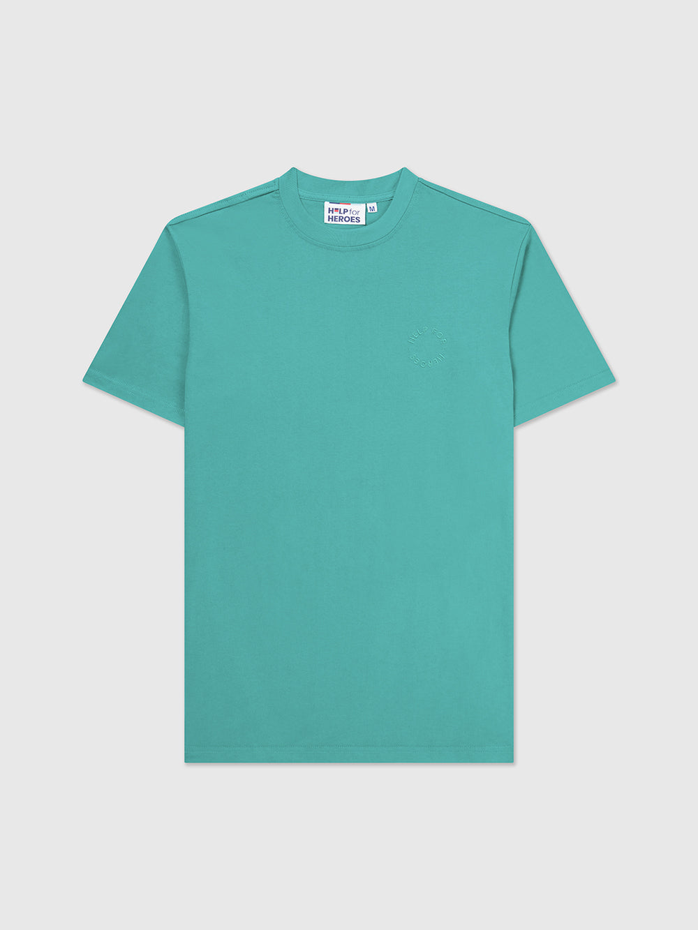 Front image of turquoise crew neck t-shirt with a subtle circular Help for Heroes logo on the chest and a rubber Heroes stack patch at the back neck.