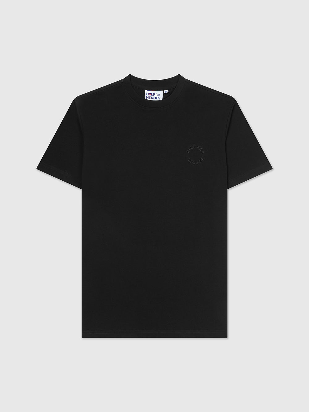 Front image of black crew neck t-shirt with a subtle circular Help for Heroes logo on the chest and a rubber Heroes stack patch at the back neck.