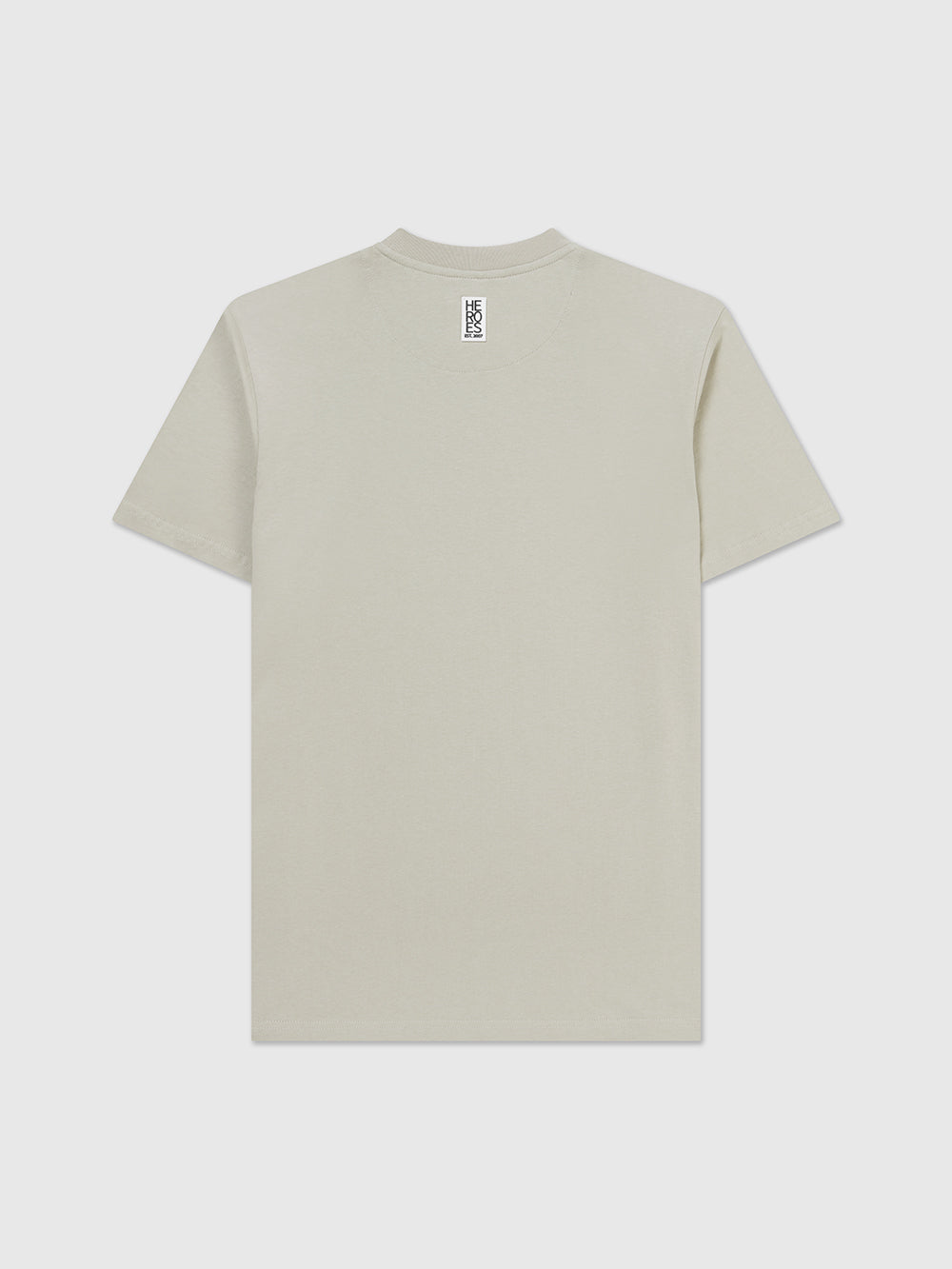 Back image of grey crew neck t-shirt with a subtle circular Help for Heroes logo on the chest and a rubber Heroes stack patch at the back neck.