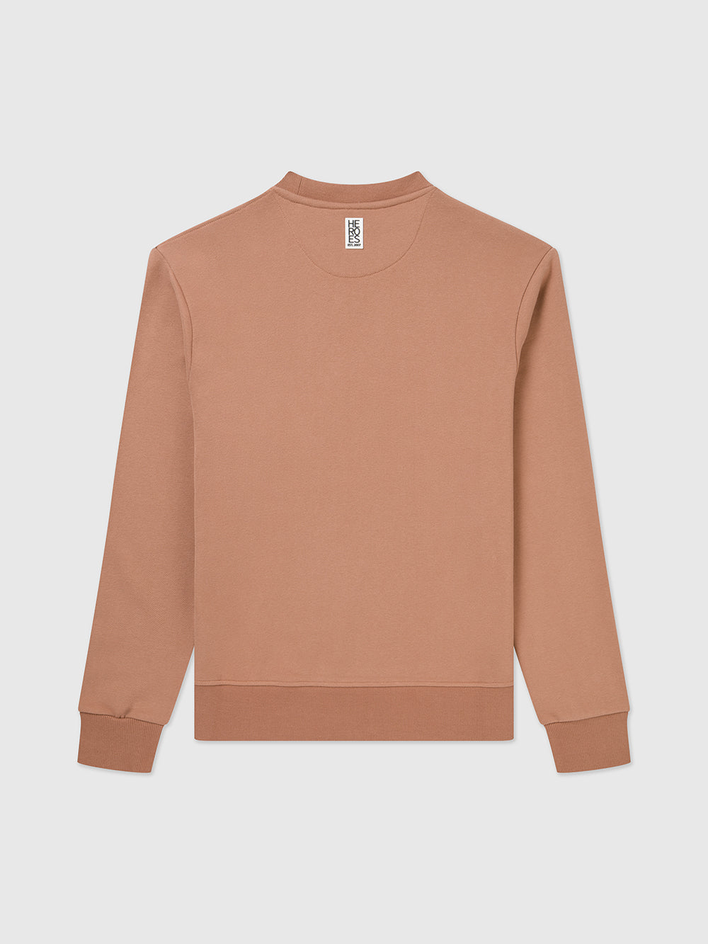 Back image of crew neck Help for Heroes sweatshirts in mocha, featuring an embroidered circular Help for Heroes logo on the chest and a rubber Heroes rubber logo on the back neck