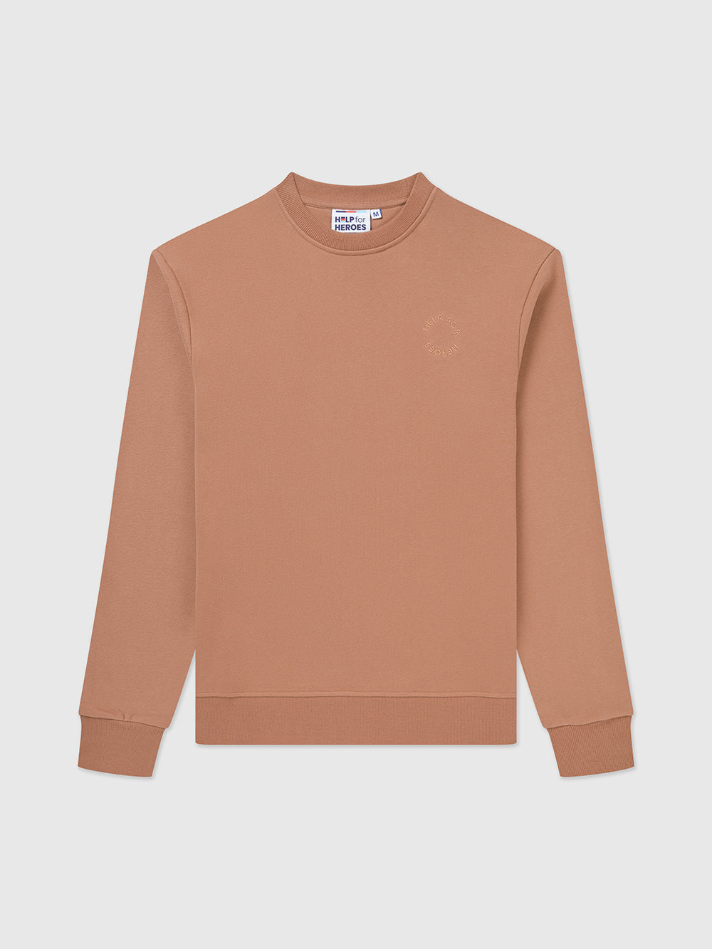 Front image of crew neck Help for Heroes sweatshirts in mocha, featuring an embroidered circular Help for Heroes logo on the chest and a rubber Heroes rubber logo on the back neck