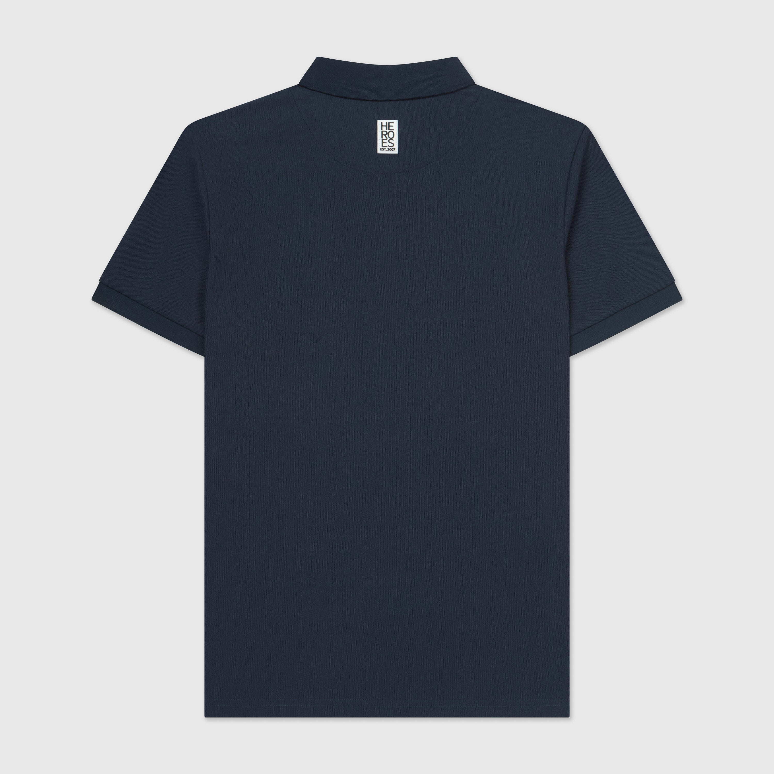 Back image of navy pique polo shirt with a subtle circular Help for Heroes logo on the chest and a rubber Heroes stack patch at the back neck.