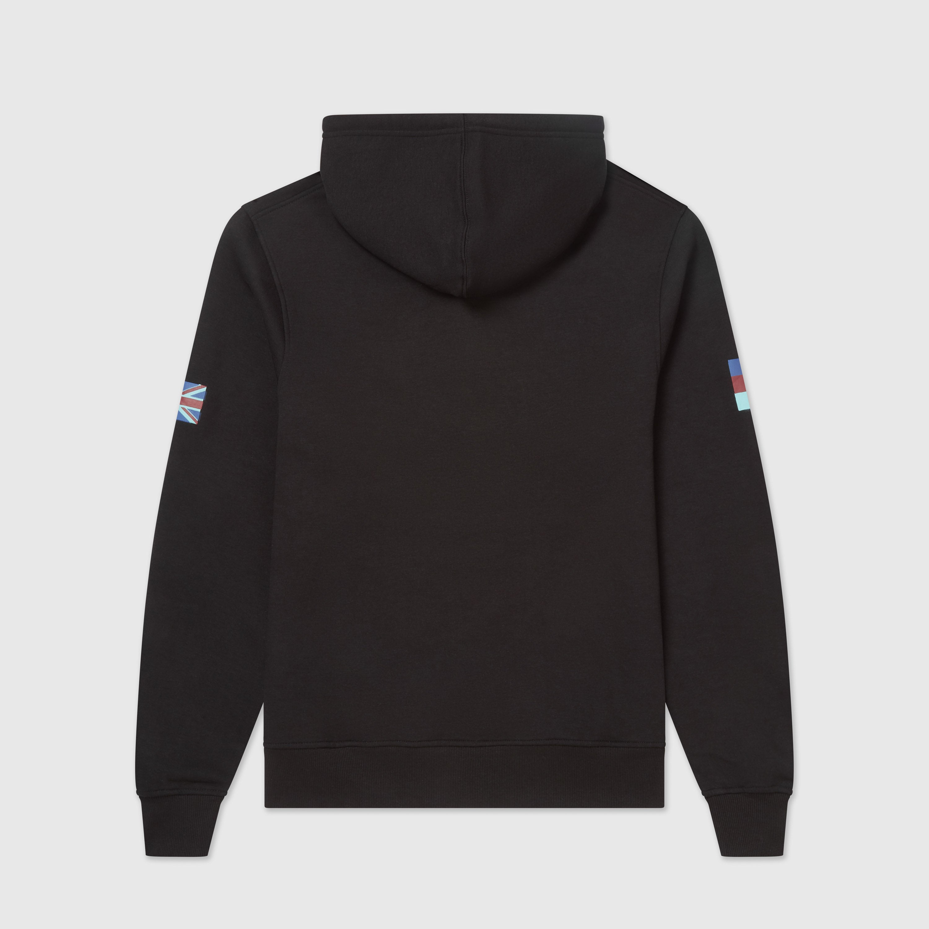 Back image of black pullover hoodie with the Union Jack and Tri Colour flag print on the sleeves and the Help for Heroes logo on the chest.