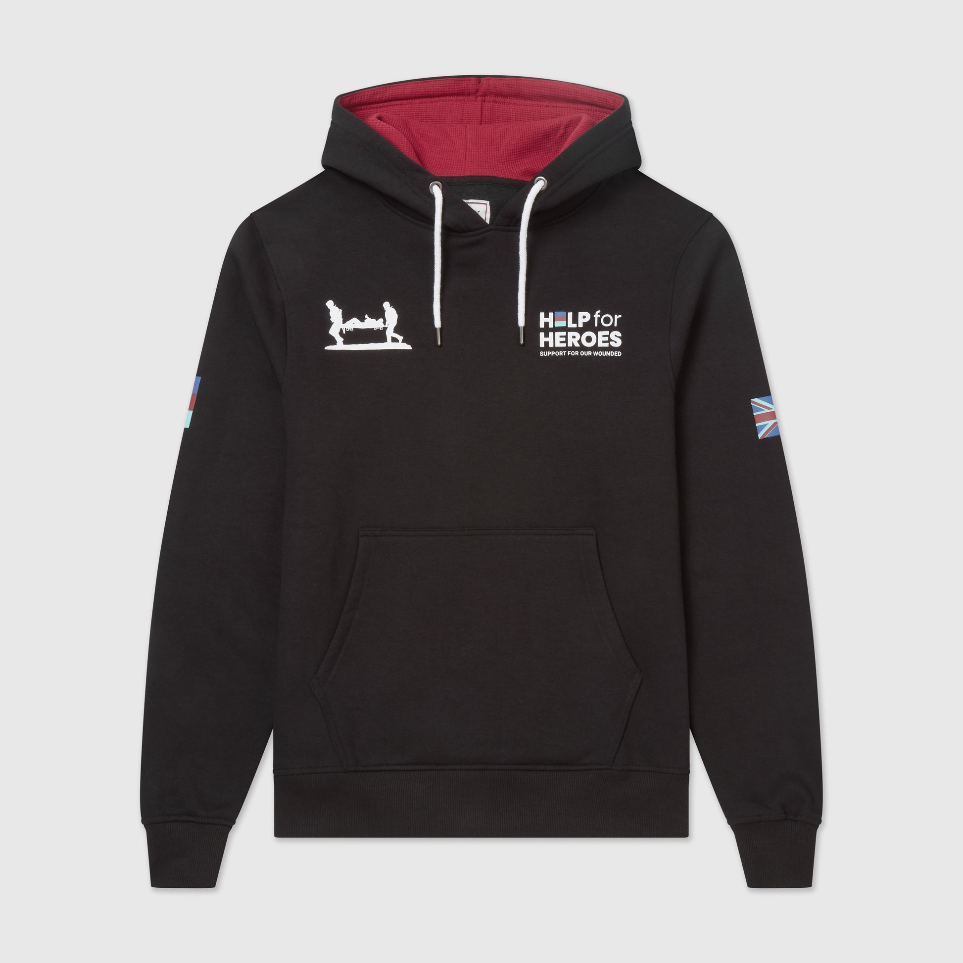 Black pullover hoodie with the Union Jack and Tri Colour flag print on the sleeves and the Help for Heroes logo on the chest.