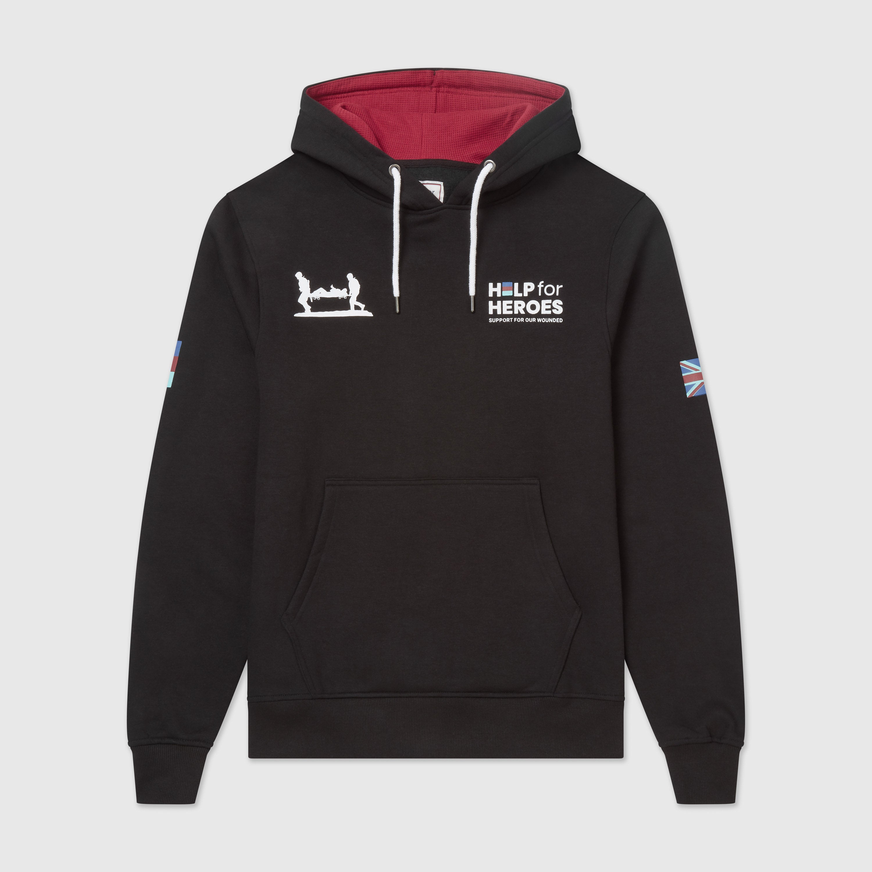 Black pullover hoodie with the Union Jack and Tri Colour flag print on the sleeves and the Help for Heroes logo on the chest.