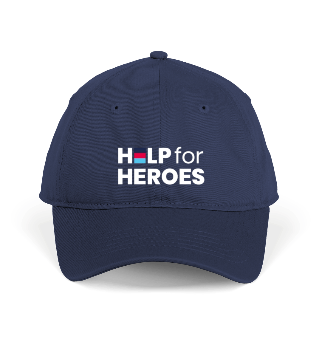 Flat lay image of Navy baseball cap with Help for Heroes logo printed on the front