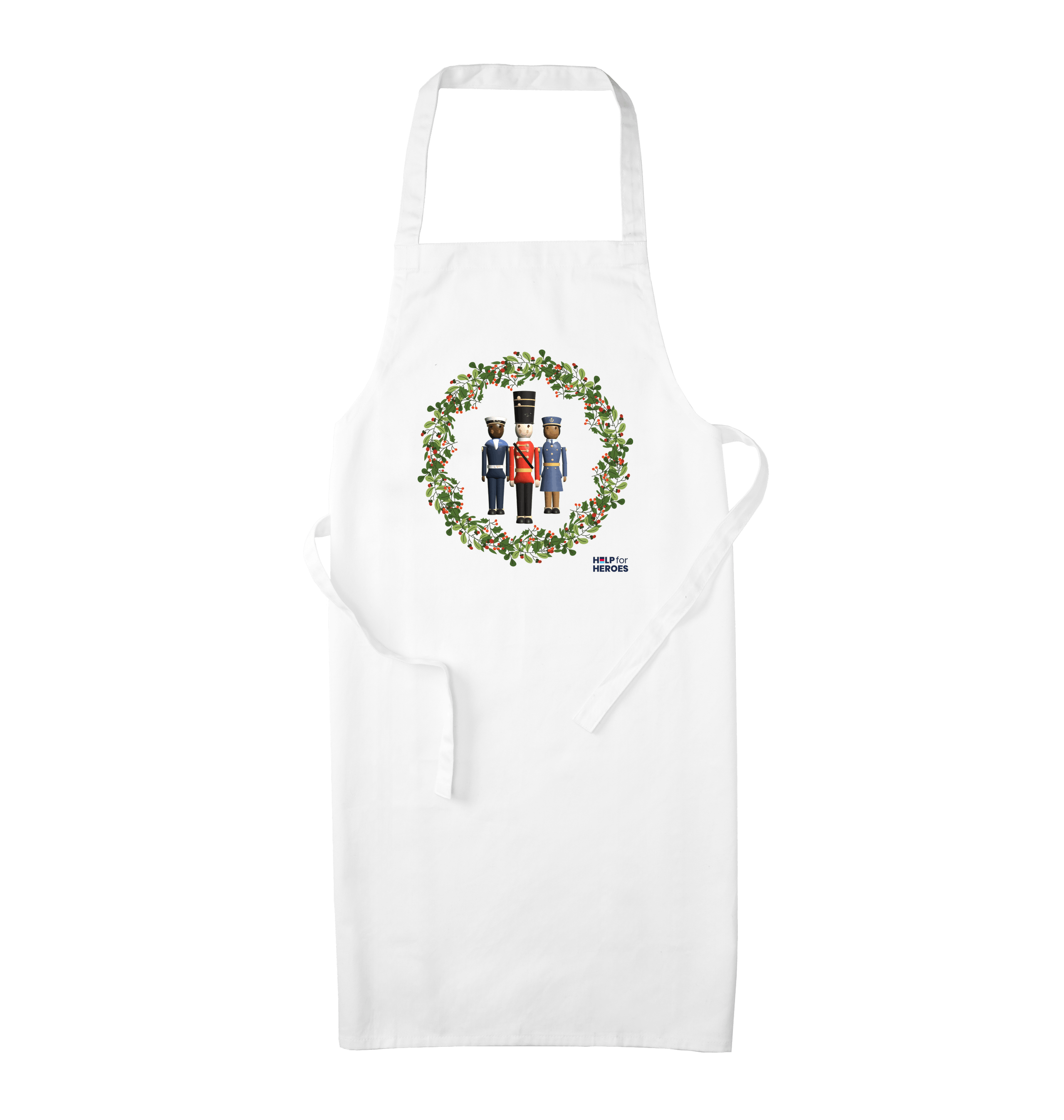 Front image of Help for Heroes Christmas apron, featuring 3 military figures in a wreath design
