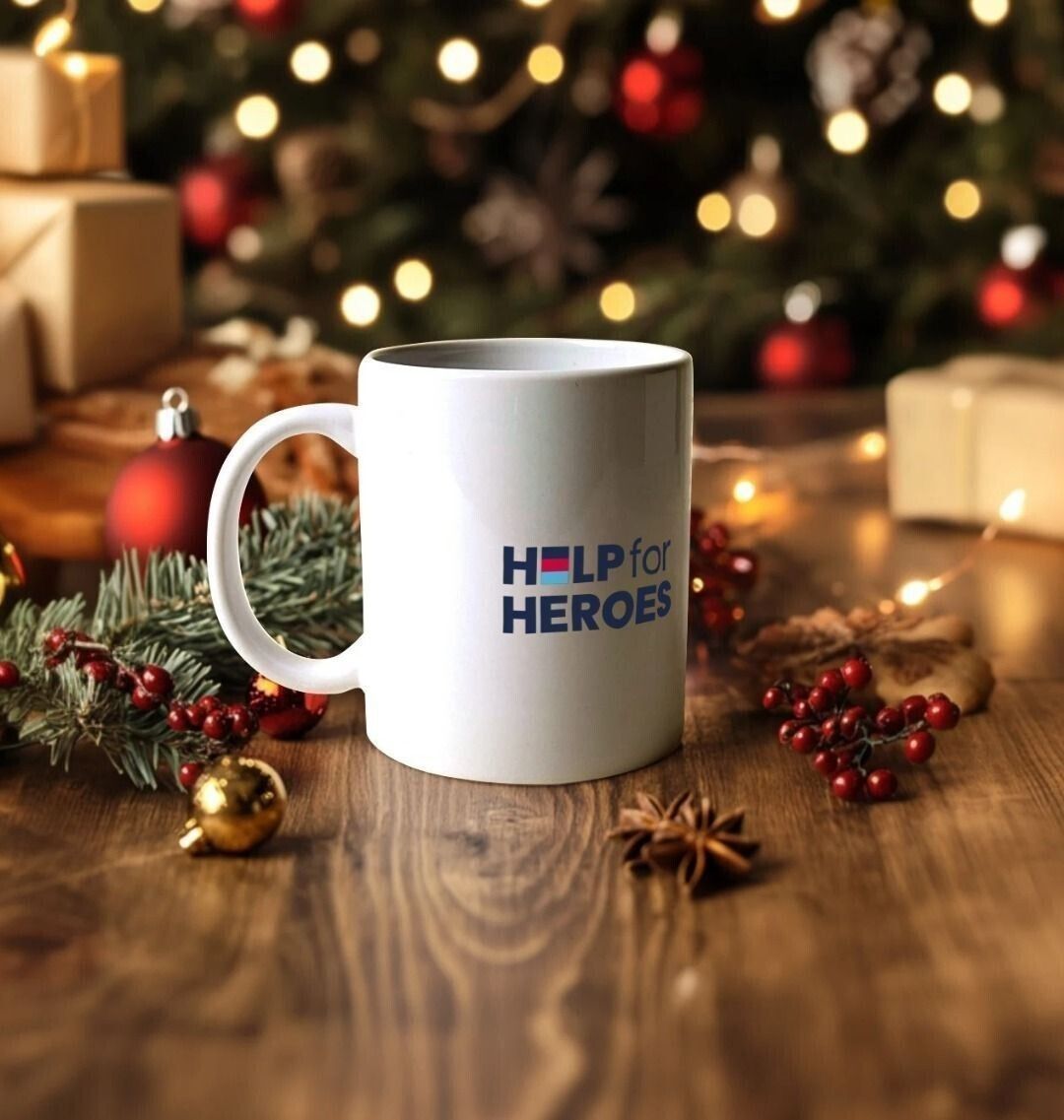 Back image of White Christmas mug with Help for Heroes Military figures inside a wreath, showing the Help for Heroes logo