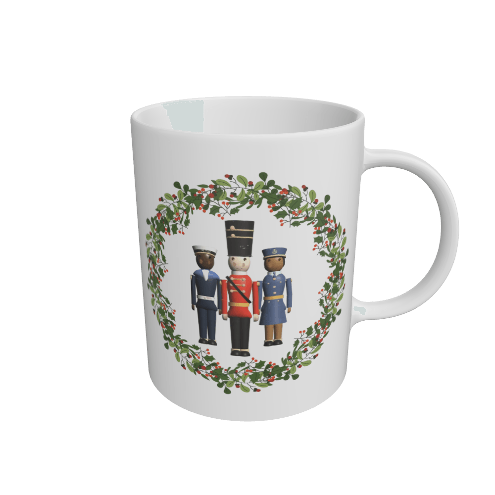 White Christmas mug with Help for Heroes Military figures inside a wreath