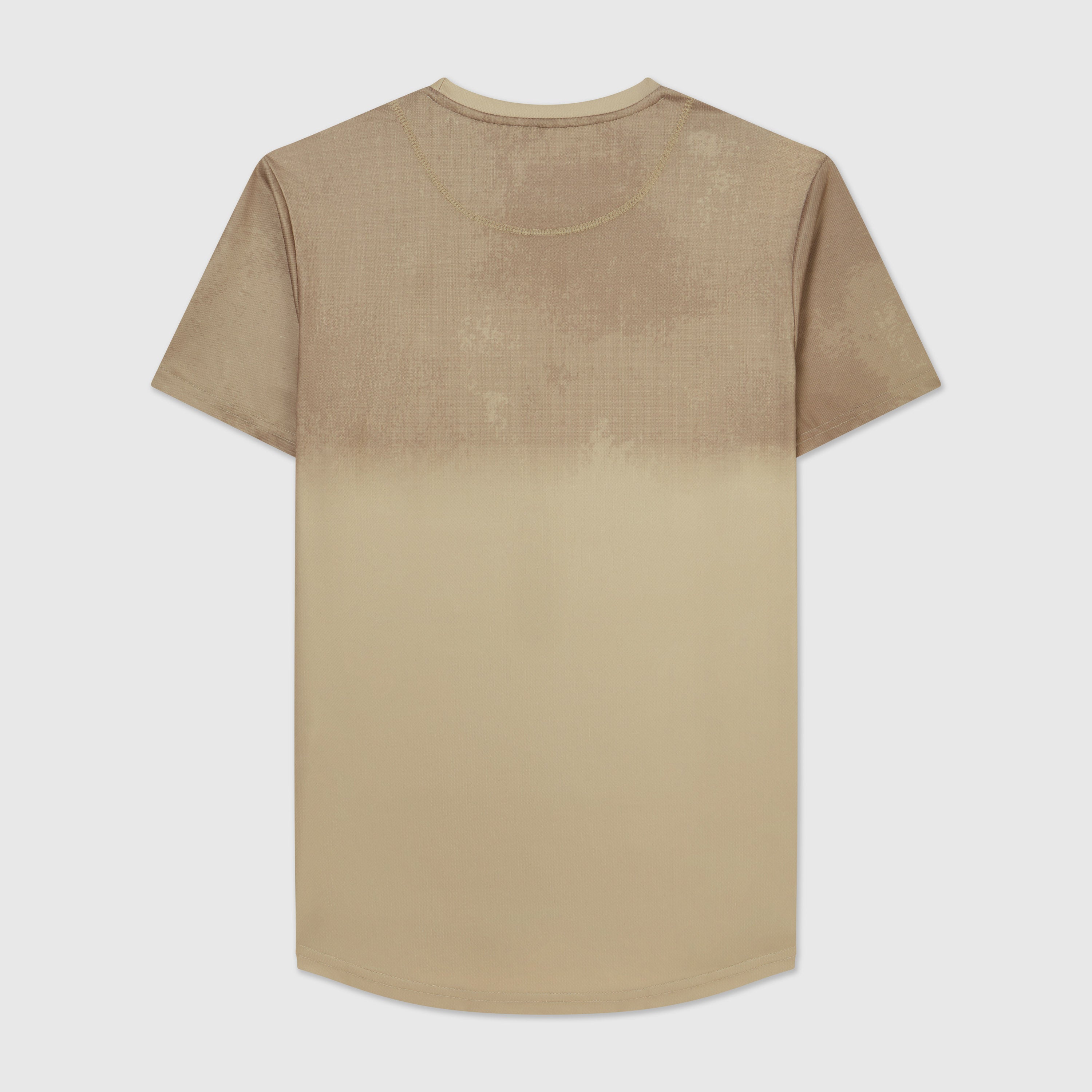 Back image of a taupe ombre sport leisure t-shirt, with a circular Help for Heroes logo on the chest