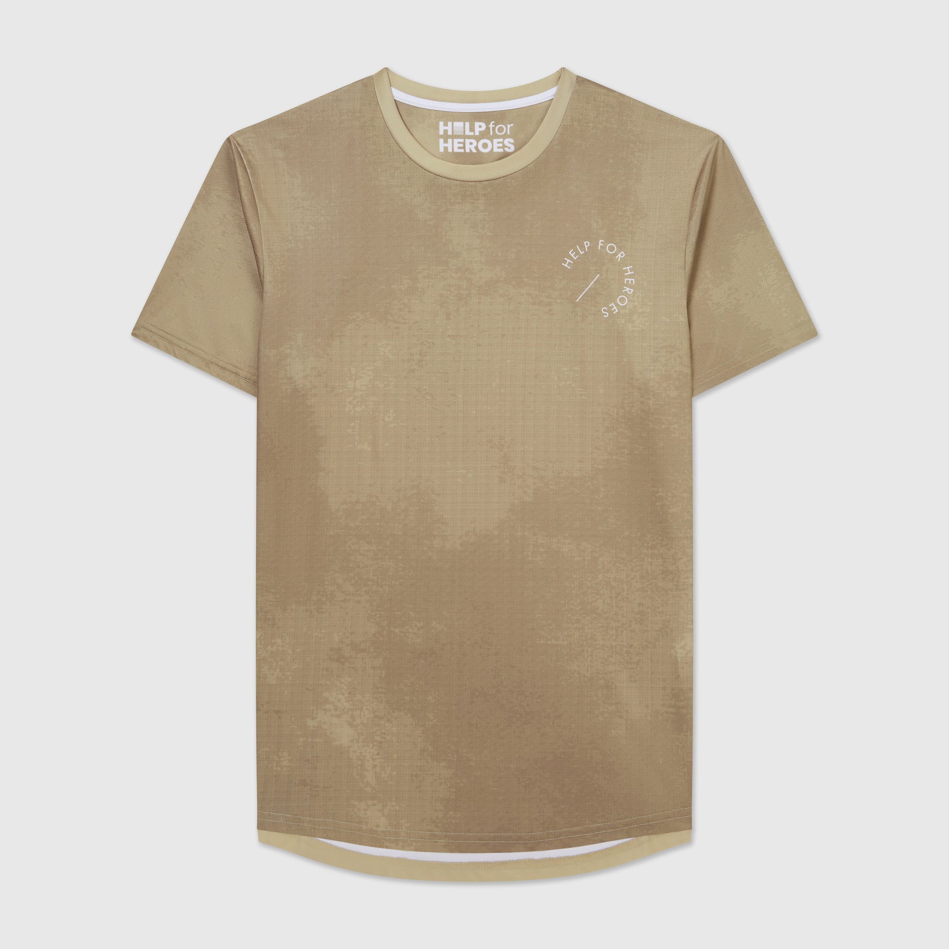 Front image of a taupe ombre sport leisure t-shirt, with a circular Help for Heroes logo on the chest