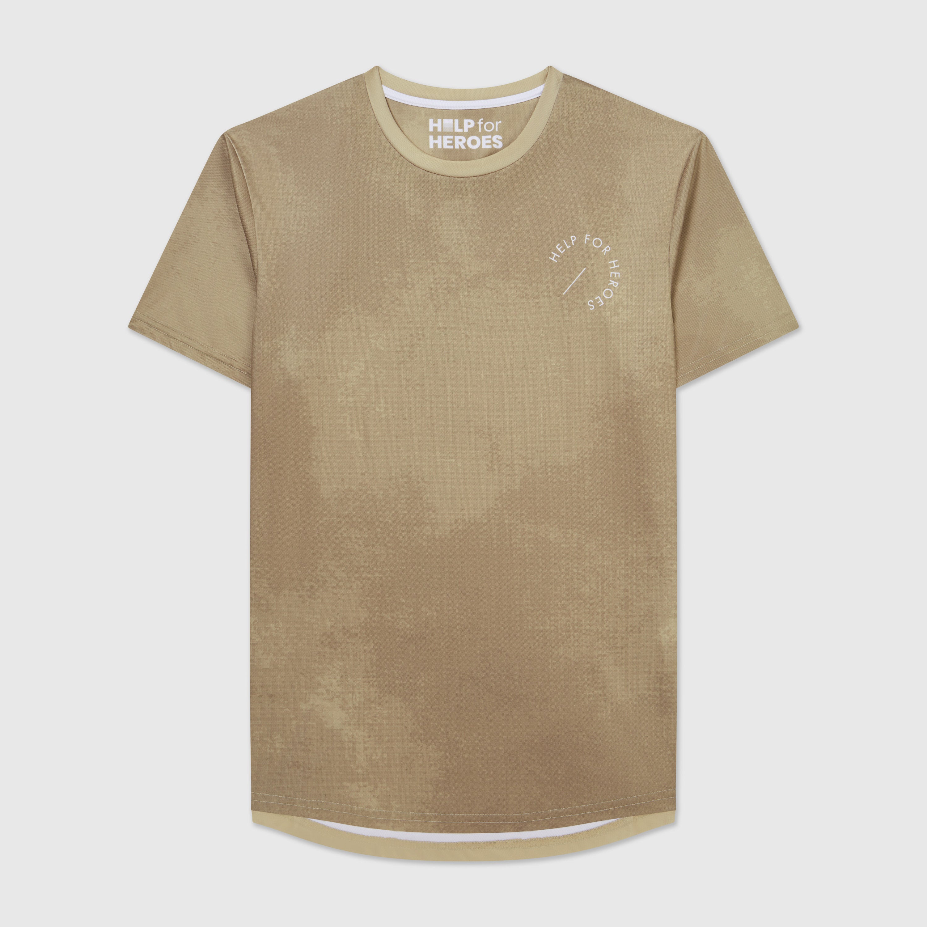 Front image of a taupe ombre sport leisure t-shirt, with a circular Help for Heroes logo on the chest
