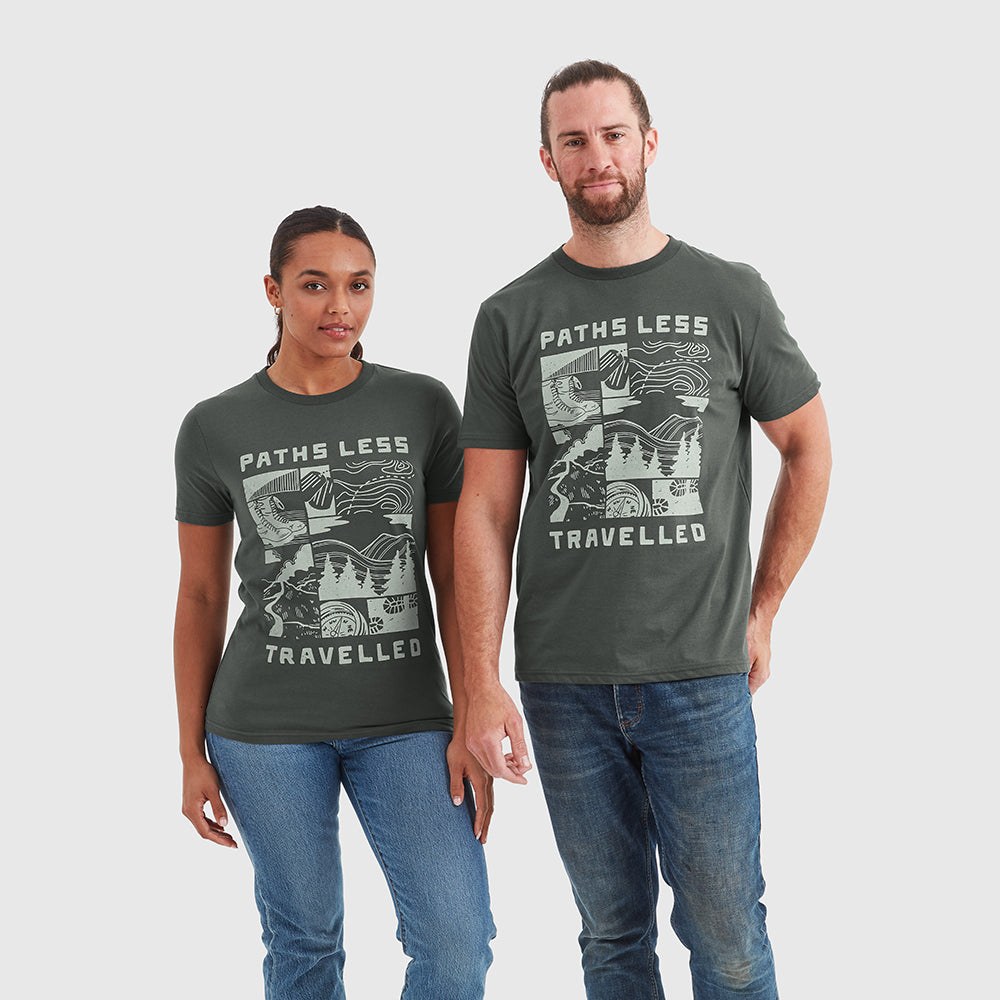 Two models wearing Help for Hereos t-shirts in grey, featuring a paths less travelled slogan and design