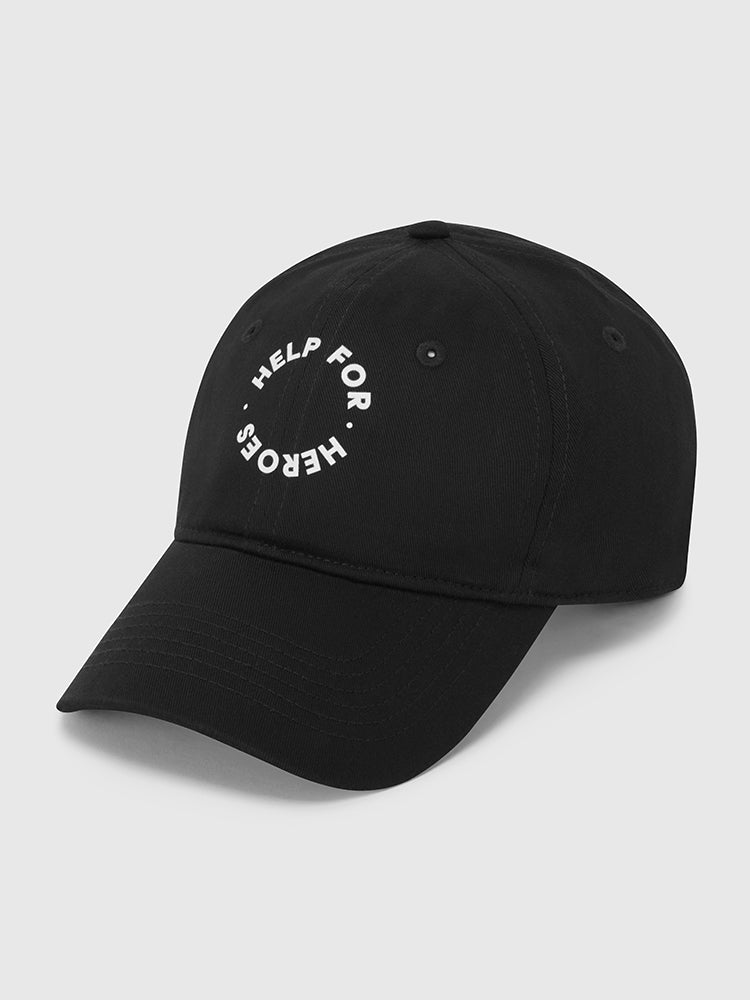 Black baseball cap with Help for Heroes circular logo printed in white