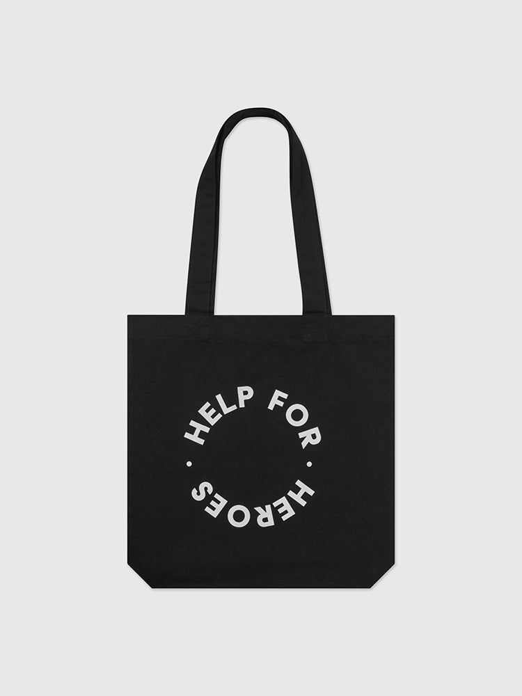 Black tote bag with white Help for Heroes logo