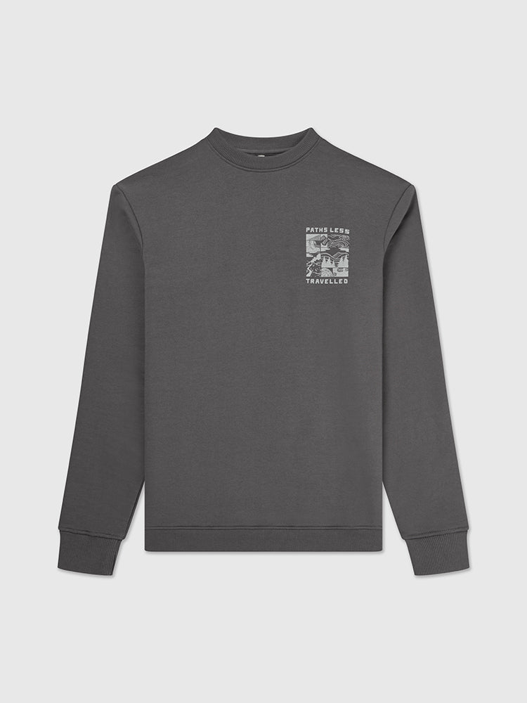 Front image of grey Help for Heroes sweatshirt which features "paths less travelled" text and image printed on the chest