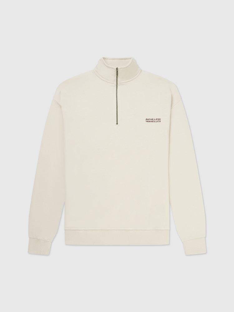 Front image of Help for Heroes quarter zipped sweatshirt in oat, featuring paths less travelled logo printed on the chest