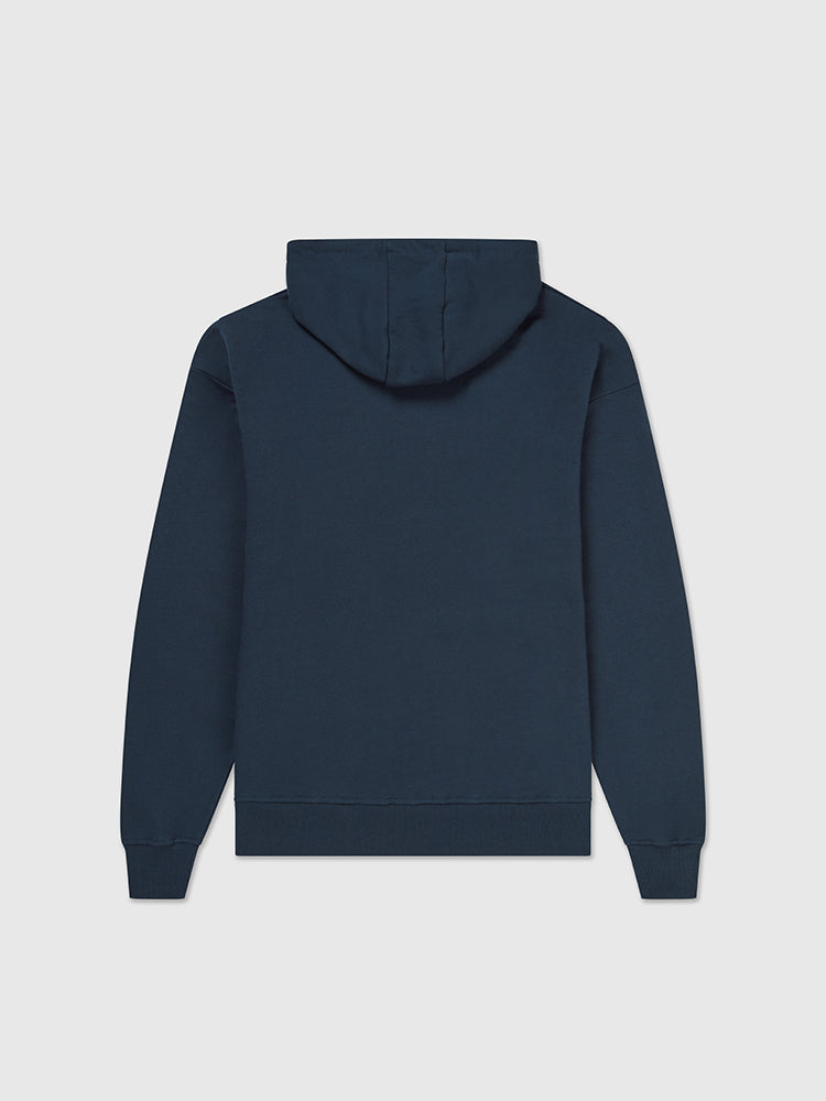 Back image of Help for Heroes navy pullover hoodie, featuring stretcher bearer logo printed on the front