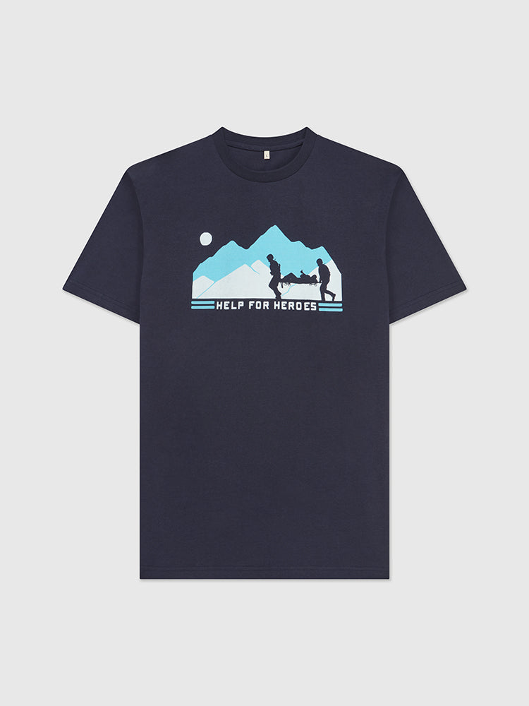 Front image of navy Help for Heroes t-shirt, featuring the stretcher bearer design