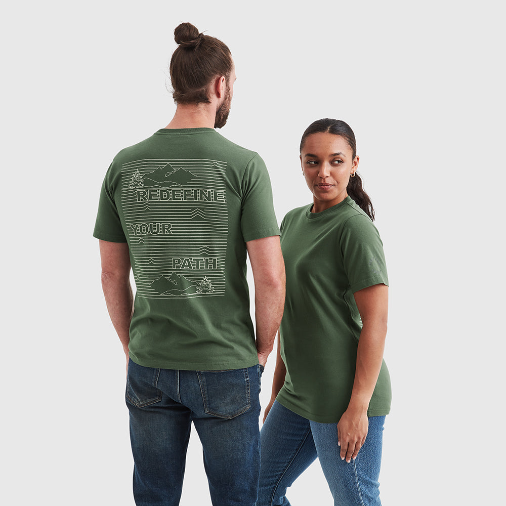 Models wearing a khaki green crew neck t-shirt with a "redefine your path" contrast slogan mountain back print in white. Featuring a circular Help for Heroes logo on the sleeve